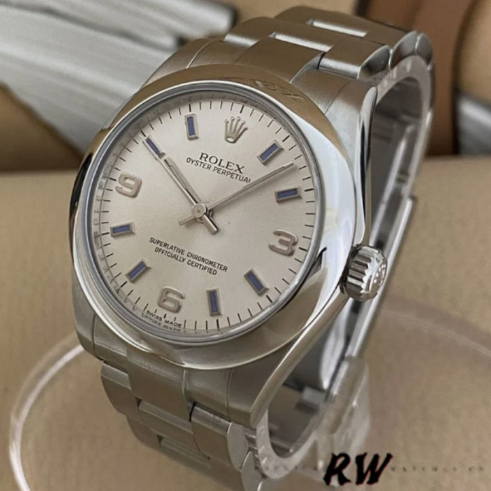 Rolex Oyster Perpetual 177200 Silver Dial Blue Markers 31mm Lady Replica Watch
