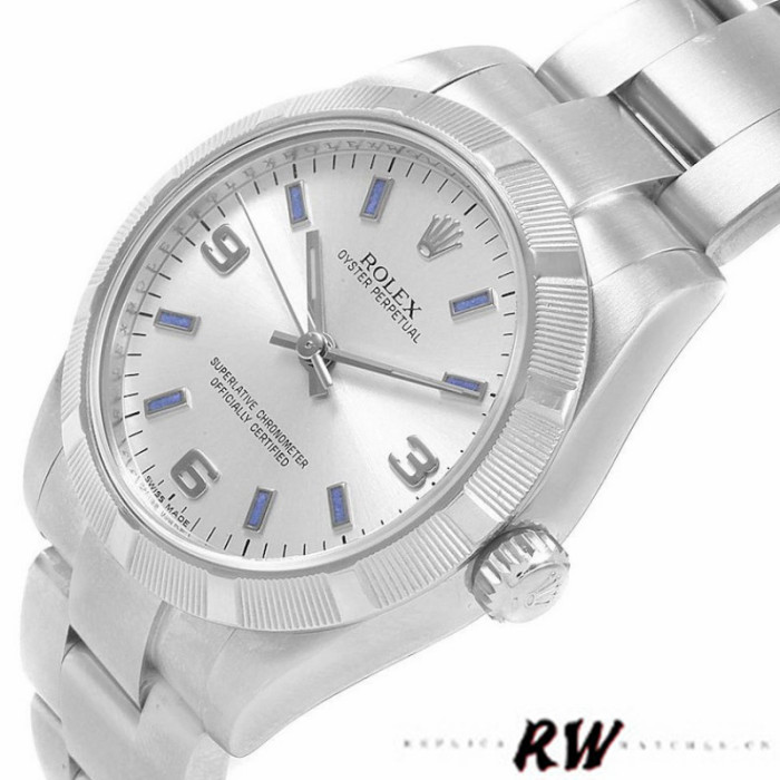 Rolex Oyster Perpetual 177210 Silver Dial Blue Hour Markers 31mm Lady Replica Watch