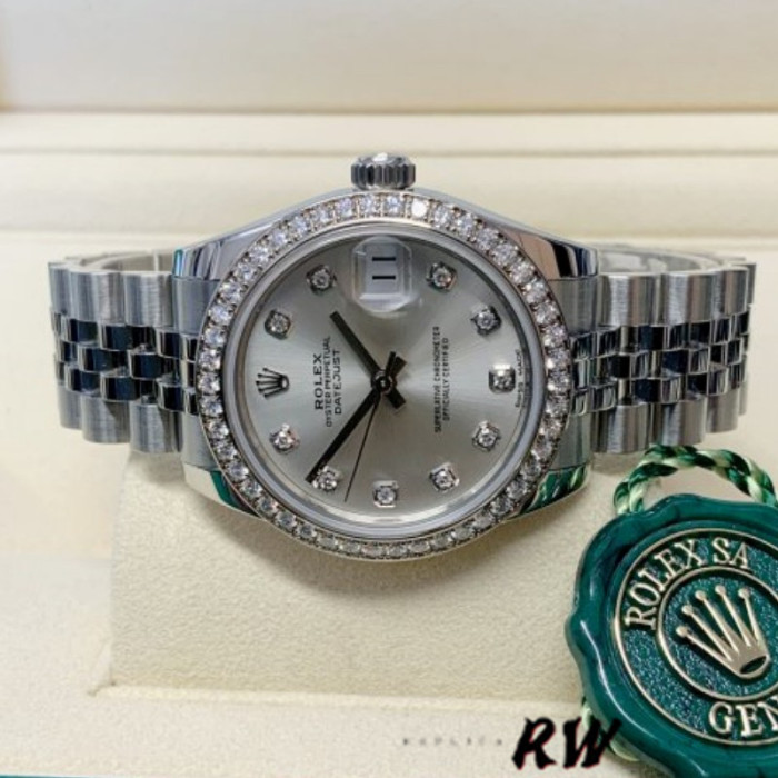 Rolex Datejust 178384 Silver Diamonds Dial Diamond Bezel 31MM Lady Replica Watch