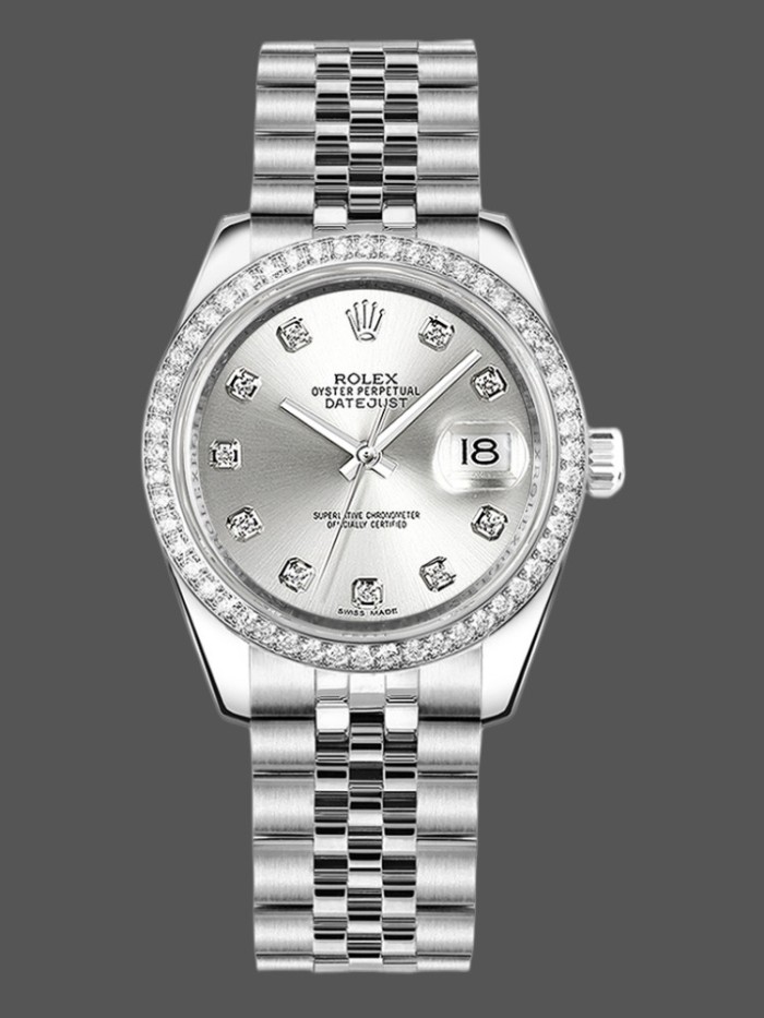 Rolex Datejust 178384 Silver Diamonds Dial Diamond Bezel 31MM Lady Replica Watch
