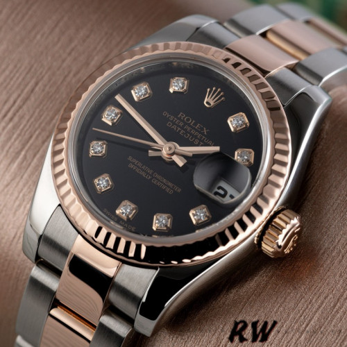 Rolex Datejust 179171 Diamond Black Dial Fluted Bezel 26MM Lady Replica Watch