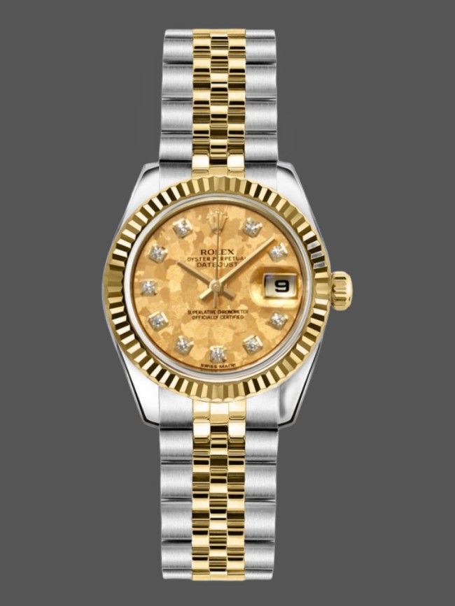 Rolex Datejust 179173 Crystal Champagne Dial Fluted Bezel 26MM Lady Replica Watch