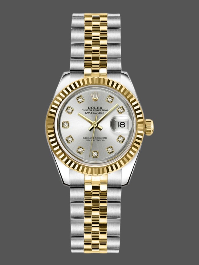 Rolex Datejust 179173 Gray Diamond Dial Fluted Bezel 26MM Lady Replica Watch
