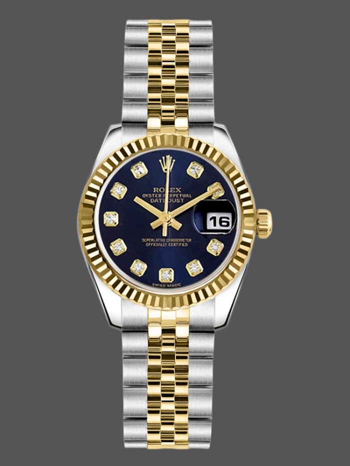 Rolex Datejust 179173 Blue Diamond Dial Fluted Bezel 26MM Lady Replica Watch