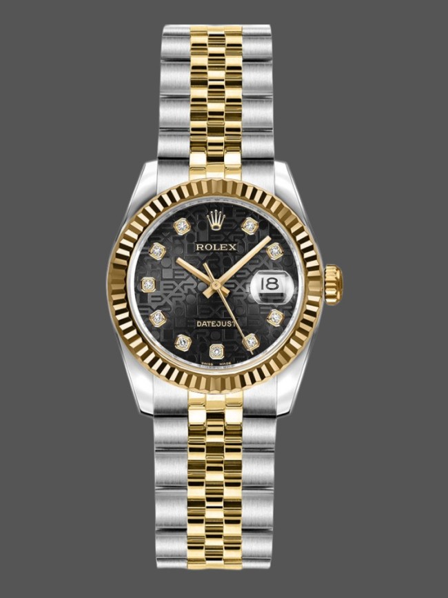 Rolex Datejust 179173 Jubilee Black Diamond Dial Fluted Bezel 26MM Lady Replica Watch