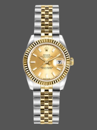 Rolex Datejust 179173 Champagne Index Dial Fluted Bezel 26MM Lady Replica Watch