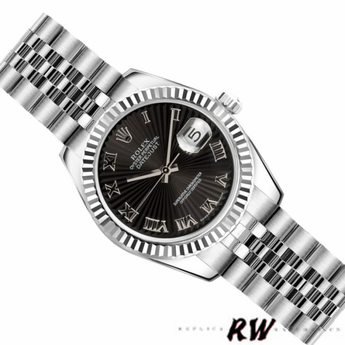 Rolex Datejust 179174 Sunbeam Black Roman Dial Fluted Bezel 26MM Lady Replica Watch