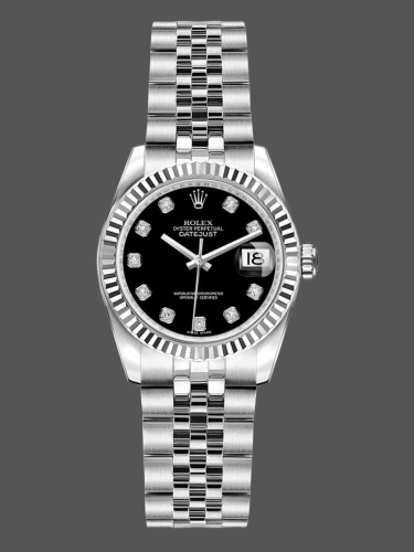 Rolex Datejust 179174 Black Diamond Dial Fluted Bezel 26MM Lady Replica Watch