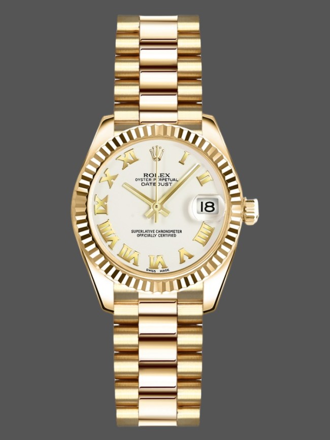 Rolex Datejust 179178 White Roman Dial Dial Yellow Gold 26MM Lady Replica Watch