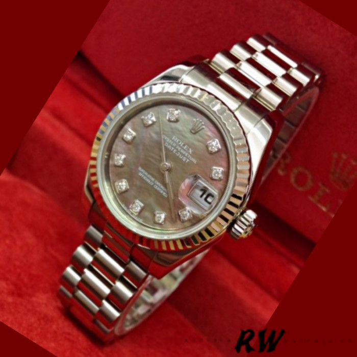 Rolex Datejust 179179 Black MOP Diamond Dial Fluted Bezel 26MM Lady Replica Watch