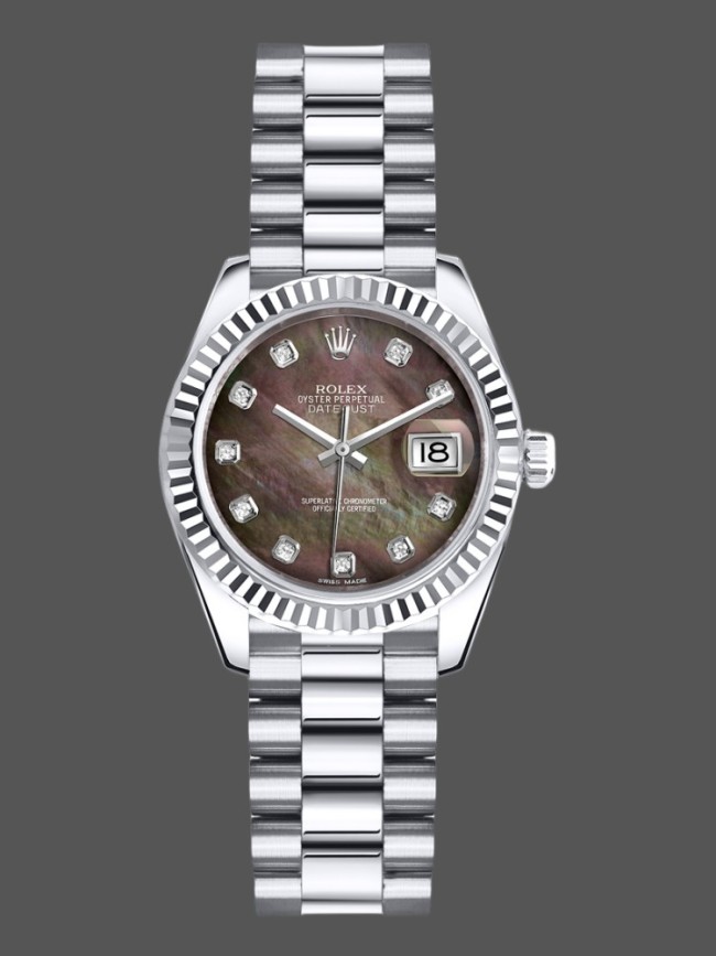Rolex Datejust 179179 Black MOP Diamond Dial Fluted Bezel 26MM Lady Replica Watch