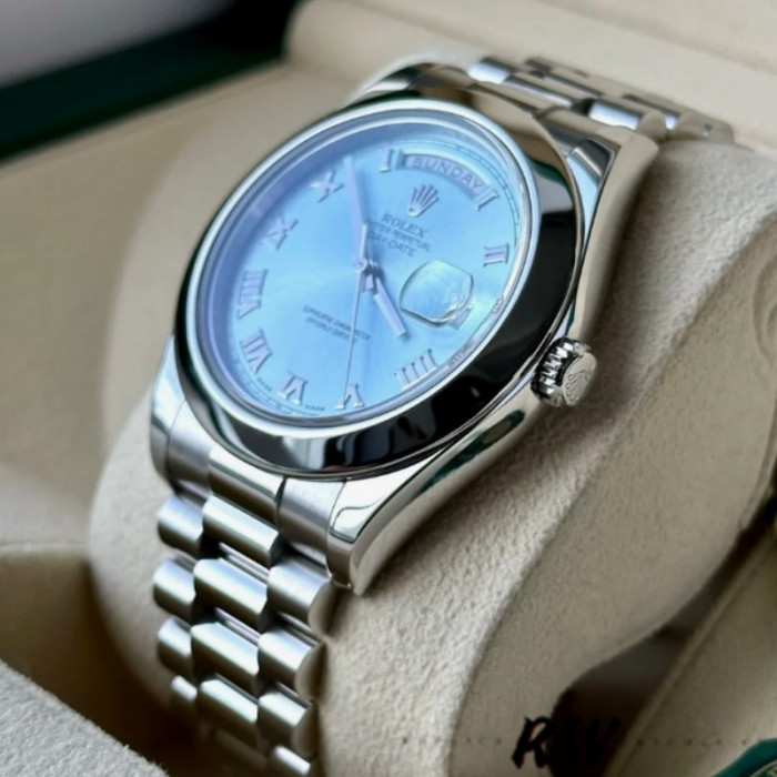 Rolex Day-Date 218206 Ice Blue Roman Numeral Dial Platinum 41MM Mens Replica Watch