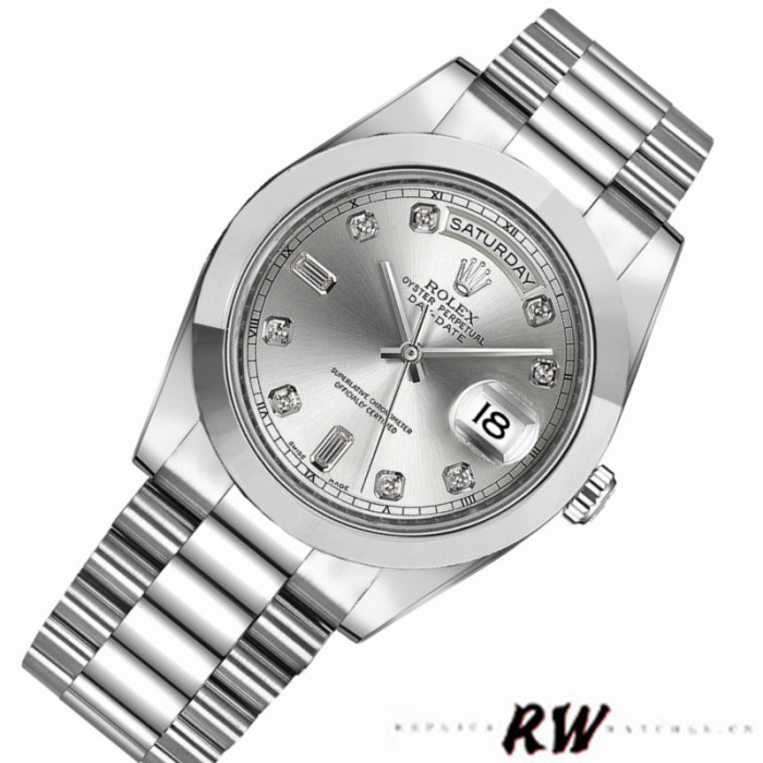 Rolex Day-Date 218206 Silver Diamond Dial Platinum 41MM Mens Replica Watch
