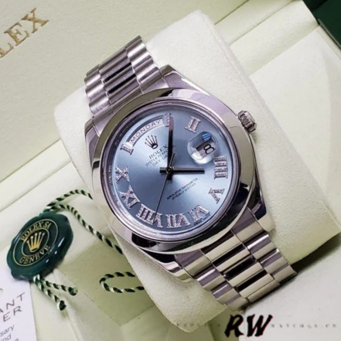 Rolex Day-Date 218206 Glacier Blue Diamond Roman Dial Platinum 41MM Mens Replica Watch
