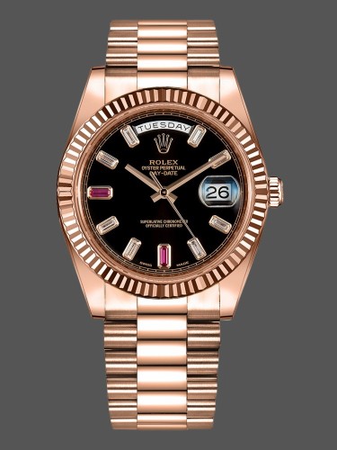 Rolex Day-Date 218235 Diamonds and Rubies Black Dial Rose Gold 41MM Mens Replica Watch