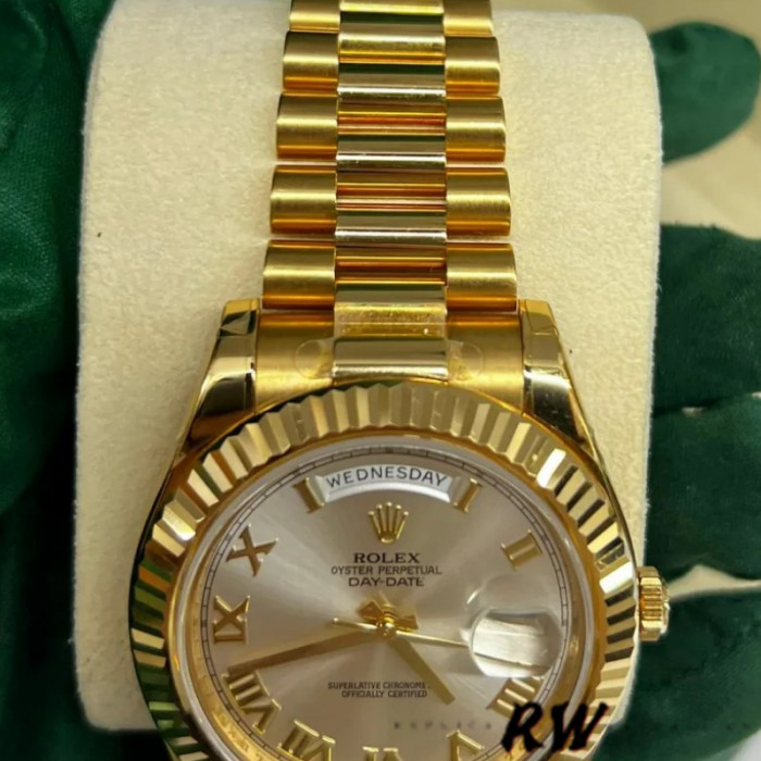 Rolex Day-Date 218238 Silver Roman Numeral Dial Yellow Gold 41MM Mens Replica Watch