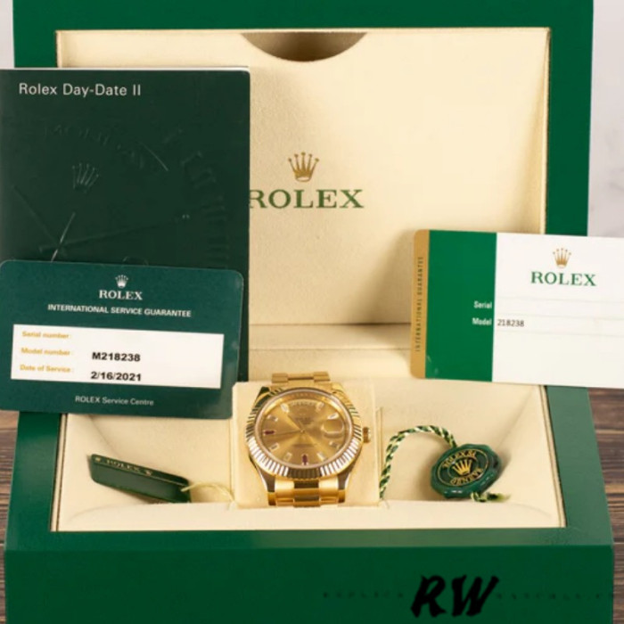 Rolex Day-Date 218238 Champagne Ruby Dial Yellow Gold 41MM Mens Replica Watch
