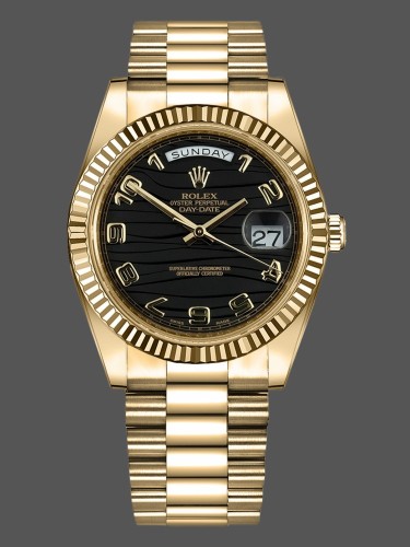 Rolex Day-Date 218238 Wave Black Dial Yellow Gold 41MM Mens Replica Watch