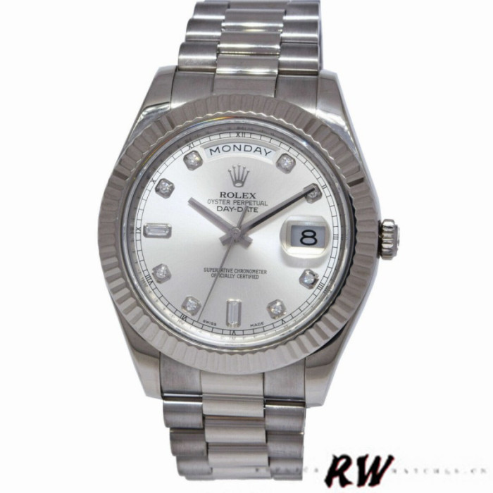 Rolex Day-Date 218239 Diamond Silver Dial White Gold 41MM Mens Replica Watch