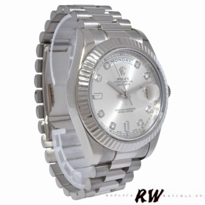 Rolex Day-Date 218239 Diamond Silver Dial White Gold 41MM Mens Replica Watch