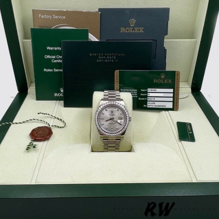 Rolex Day-Date 218349 Silver Diamond Dial 41MM Mens Replica Watch