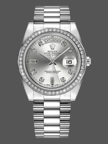 Rolex Day-Date 218349 Silver Diamond Dial 41MM Mens Replica Watch
