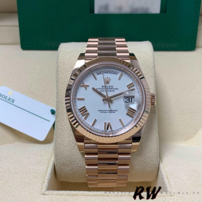Rolex Day-Date 228235 White Roman Numeral Dial Fluted Bezel 40mm Mens Replica Watch