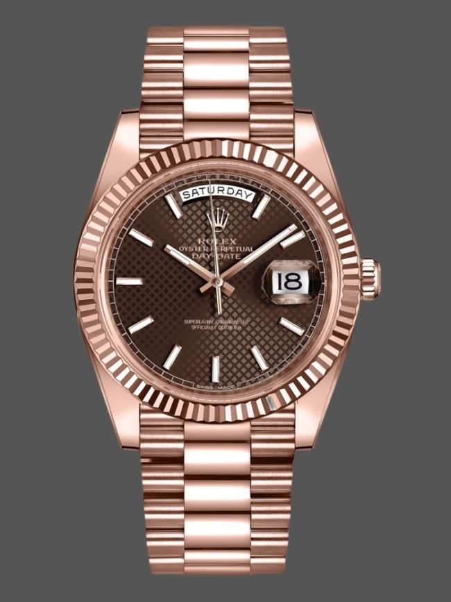 Rolex Day-Date 228235 Chocolate Brown Diagonal Motif Dial Fluted Bezel 40mm Mens Replica Watch