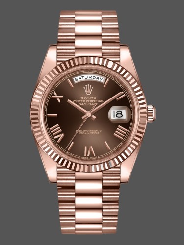 Rolex Day-Date 228235 Chocolate Brown Roman Numeral Dial Fluted Bezel 40mm Mens Replica Watch