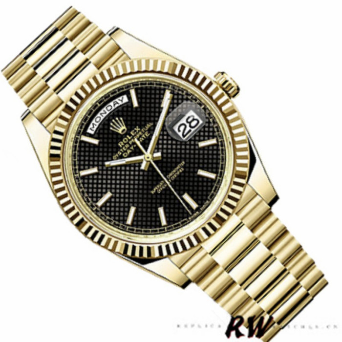 Rolex Day-Date 228238 Black Diagonal Motif Dial Fluted Bezel 40mm Mens Replica Watch