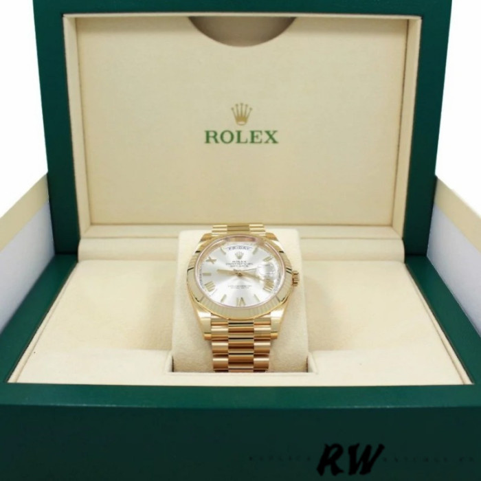 Rolex Day-Date 228238 Silver Roman Dial Fluted Bezel 40mm Mens Replica Watch