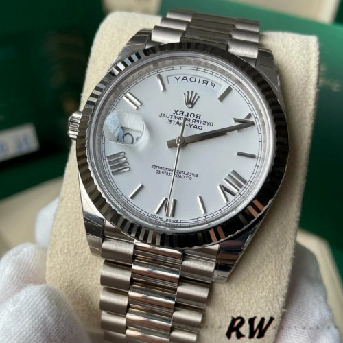 Rolex Day-Date 228239 White Roman Dial Fluted Bezel 40mm Mens Replica Watch