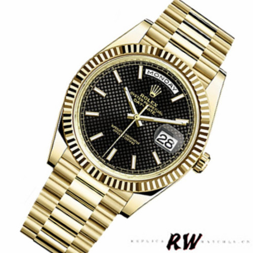 Rolex Day-Date 228238 Black Diagonal Motif Dial Fluted Bezel 40mm Mens Replica Watch