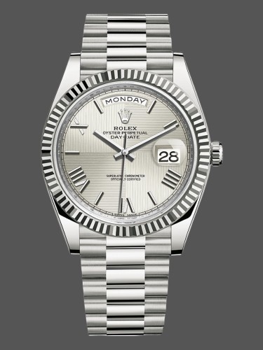 Rolex Day-Date 228239 Silver Quadrant Motif Roman Dial Fluted Bezel 40mm Mens Replica Watch