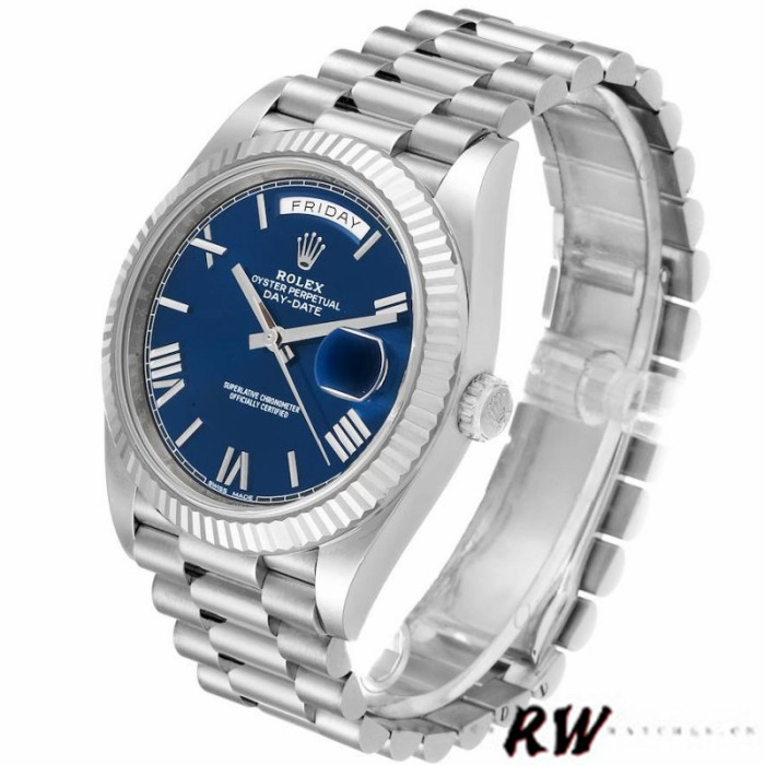 Rolex Day-Date 228239 Blue Roman Dial Fluted Bezel 40mm Mens Replica Watch
