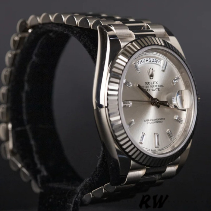 Rolex Day-Date 228239 Silver Baguette Diamond Dial Fluted Bezel 40mm Mens Replica Watch