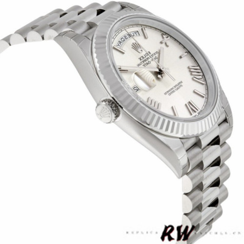 Rolex Day-Date 228239 Silver Quadrant Motif Roman Dial Fluted Bezel 40mm Mens Replica Watch