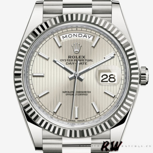 Rolex Day-Date 228239 Silver Stripe Motif Dial Fluted Bezel 40mm Mens Replica Watch