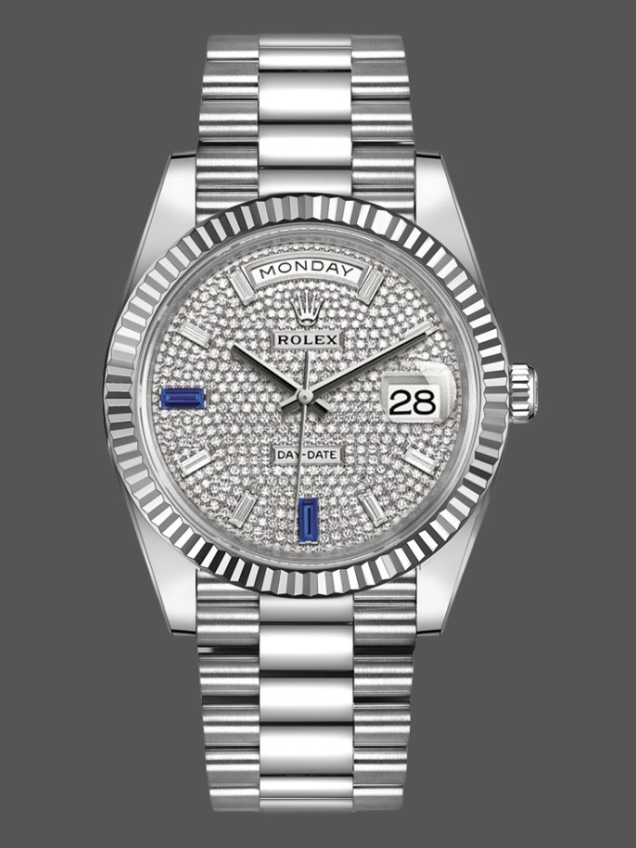 Rolex Day-Date 228239 Diamond Paved Dial Fluted Bezel 40mm Mens Replica Watch