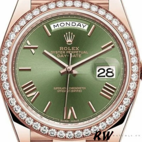 Rolex Day-Date 228345RBR Olive Green Roman Dial Diamond Bezel 40mm Mens Replica Watch