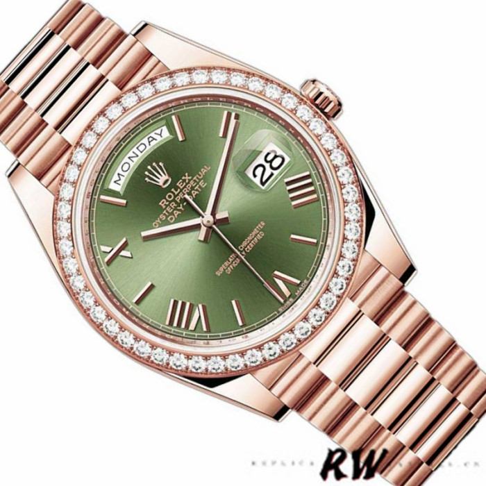 Rolex Day-Date 228345RBR Olive Green Roman Dial Diamond Bezel 40mm Mens Replica Watch