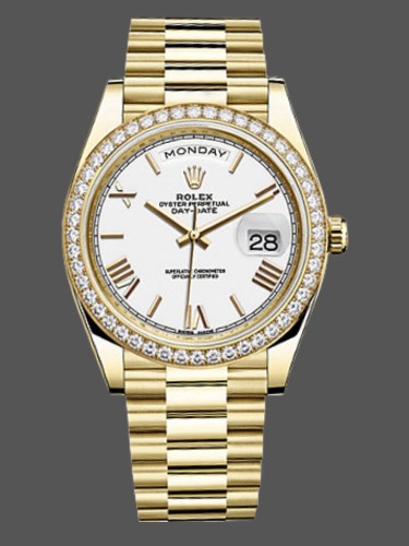 Rolex Day-Date 228348RBR White Roman Dial Diamond Bezel 40mm Mens Replica Watch