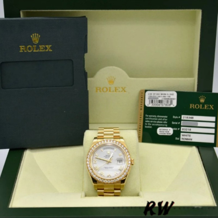 Rolex Day-Date 228348RBR White Roman Dial Diamond Bezel 40mm Mens Replica Watch