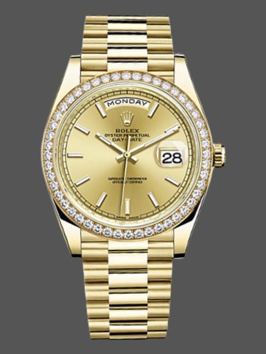 Rolex Day-Date 228348RBR Champagne Index Dial Diamond Bezel 40mm Mens Replica Watch