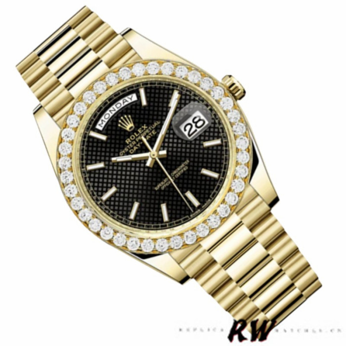 Rolex Day-Date 228348RBR Black Diagonal Motif Dial Diamond Bezel 40mm Mens Replica Watch