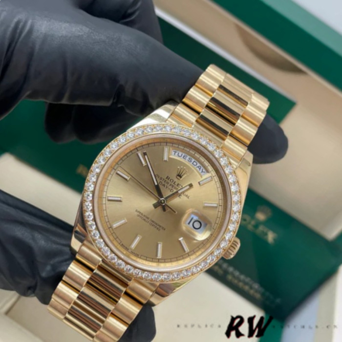 Rolex Day-Date 228348RBR Champagne Index Dial Diamond Bezel 40mm Mens Replica Watch