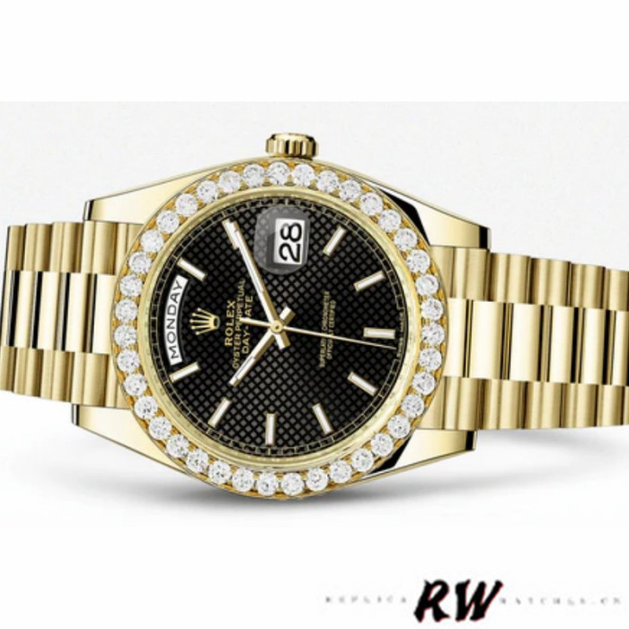 Rolex Day-Date 228348RBR Black Diagonal Motif Dial Diamond Bezel 40mm Mens Replica Watch