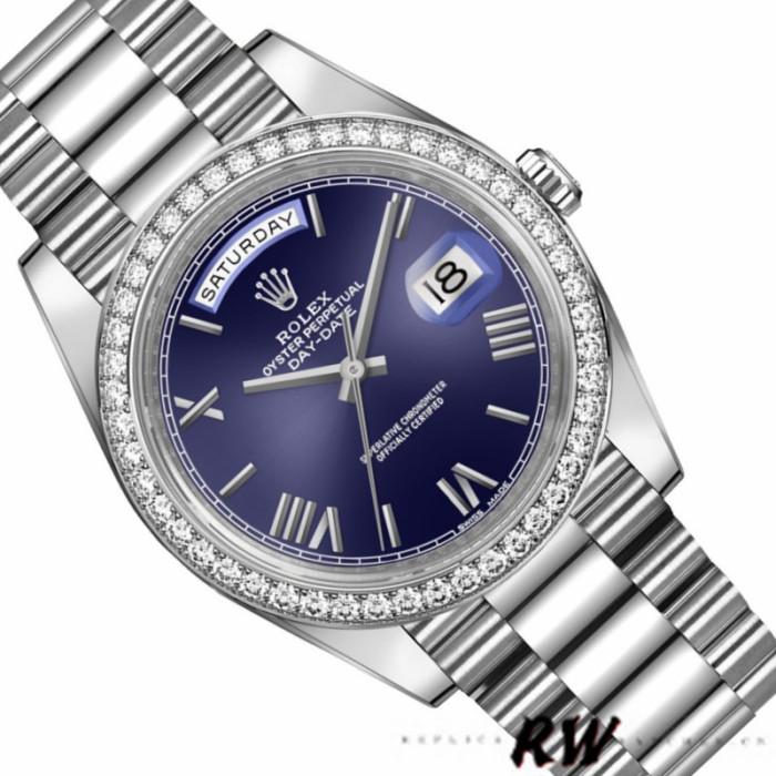 Rolex Day-Date 228349RBR Blue Roman Dial Diamond Bezel 40mm Mens Replica Watch