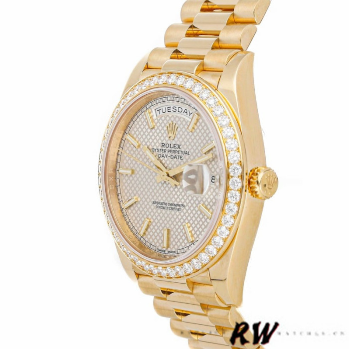 Rolex Day-Date 228348RBR Silver Diagonal Motif Dial Diamond Bezel 40mm Mens Replica Watch