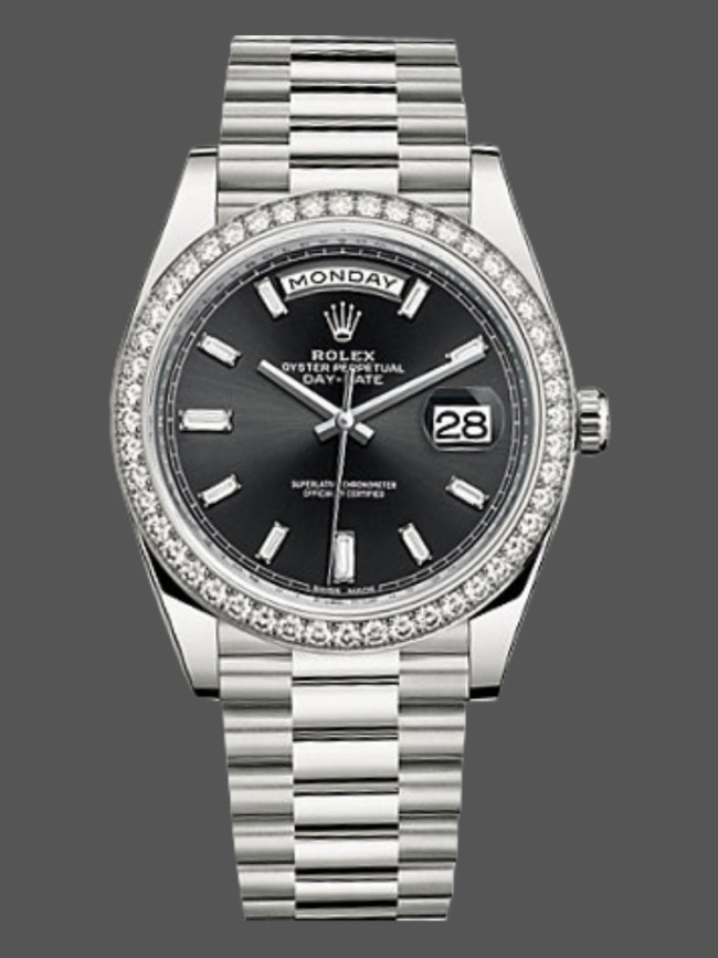 Rolex Day-Date 228349RBR Black Dial Diamond Bezel 40mm Mens Replica Watch